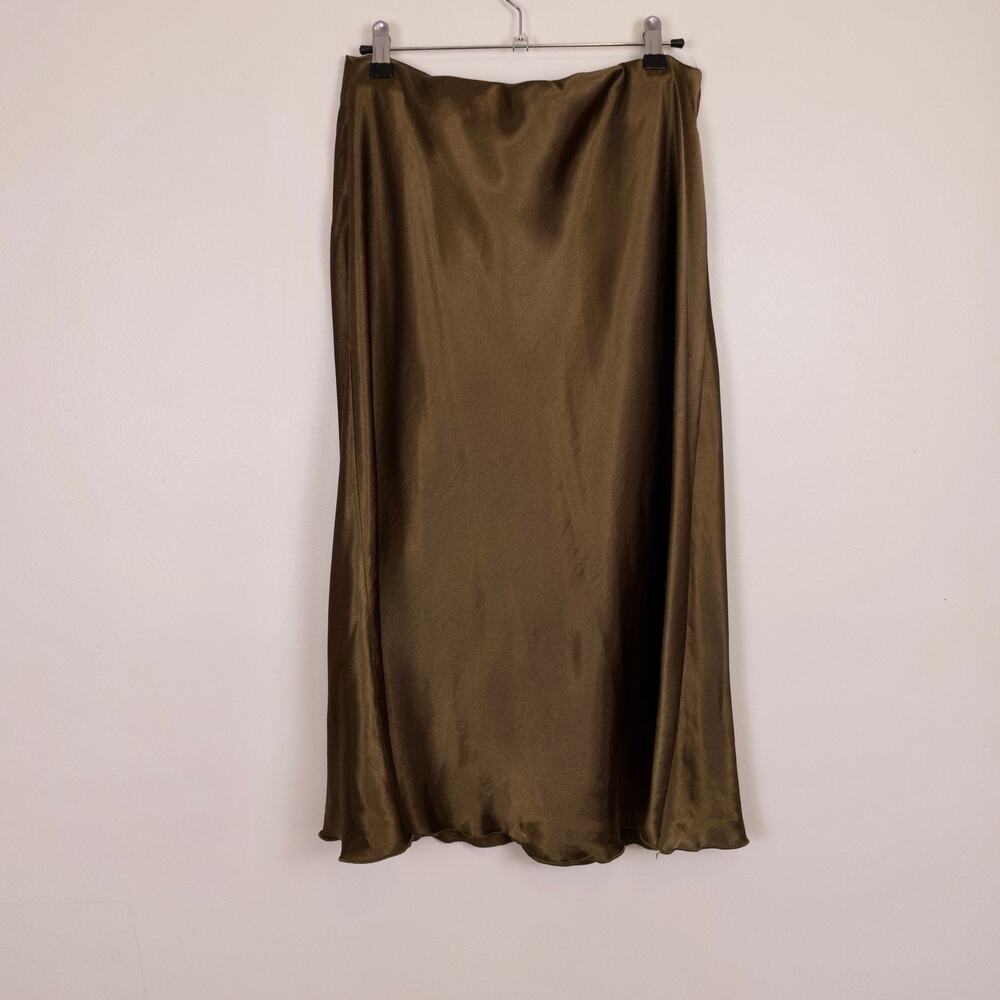 Nicole Miller Satin Slip Skirt Midi Dark Golden Green Size Large Fairy Boho